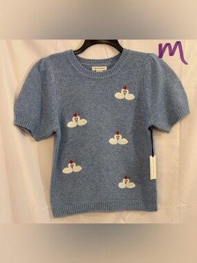 cupcakes & cashmere Light Blue Swan Embroidered Puff-Sleeve Sweater